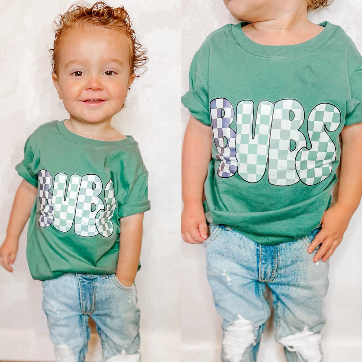 (SHORT) Checkered Bubs Front Design Short Sleeve Kids Tee Southern