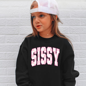 (CREWNECK) Pink Checkered Sissy (Black) Kids Fleece Sweatshirt