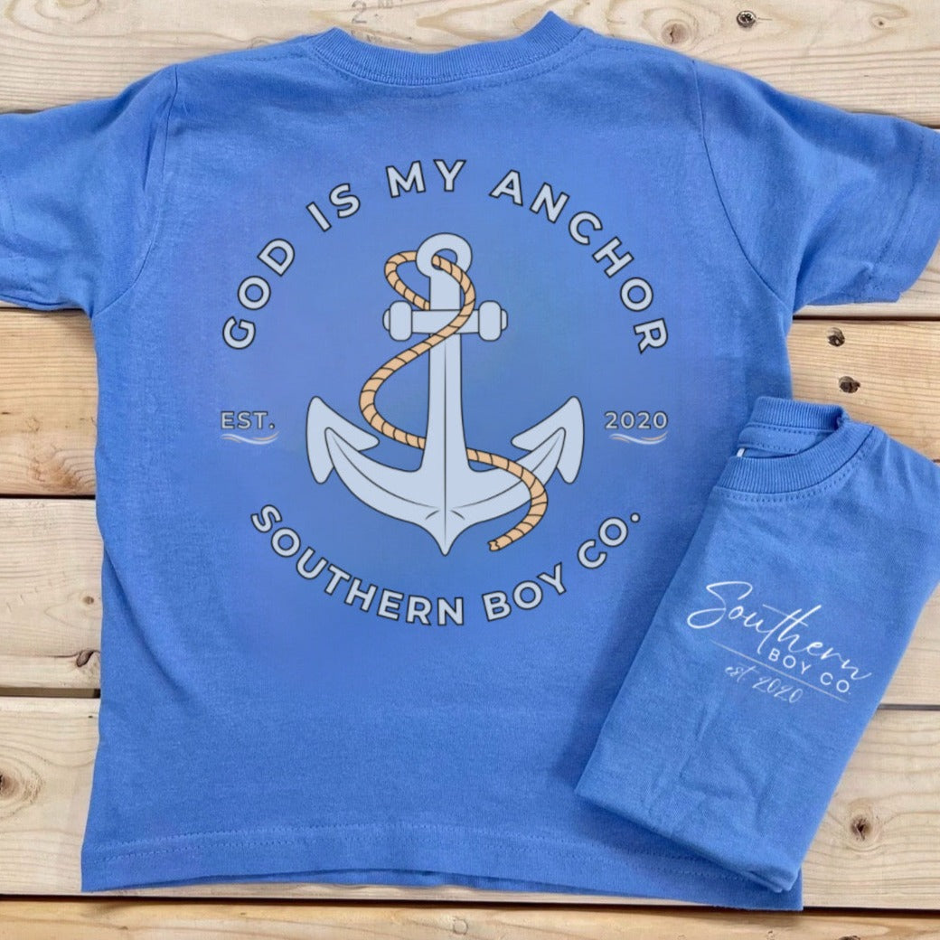 (Blue) God Is My Anchor Short Sleeve Kids Tee Southern Boy Co.