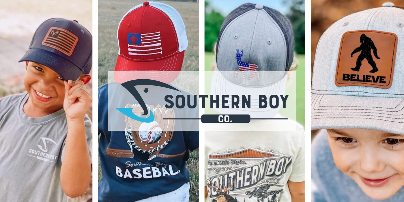 Southern Boy Co.® kids hats displayed outdoors, featuring classic Southern style and comfortable everyday fits for boys.