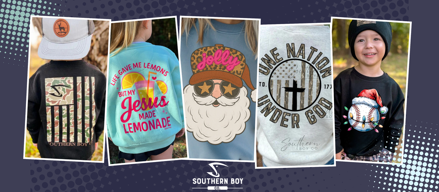 Southern Boy Co.® Hoodies & Sweatshirts collection showcasing cozy fall and Christmas styles for kids, perfect for cool Southern weather.