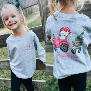 Pink Christmas Tractor (GREY) Long Sleeve Girls Tee(D)