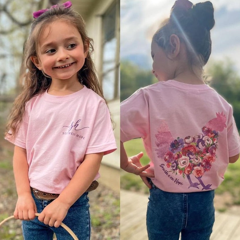 Floral Chicken Short Sleeve Girls Tee (D)