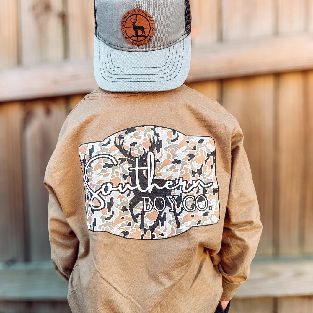 Deer Camo Badge Long Sleeve Kids Tee