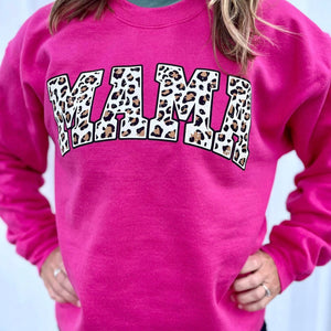 (Sweatshirt) Hot Pink Varsity Cheetah Mama Adult Sweatshirt