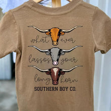 Load image into Gallery viewer, (Short) Whatever Lassos Your Longhorn Kids Tee
