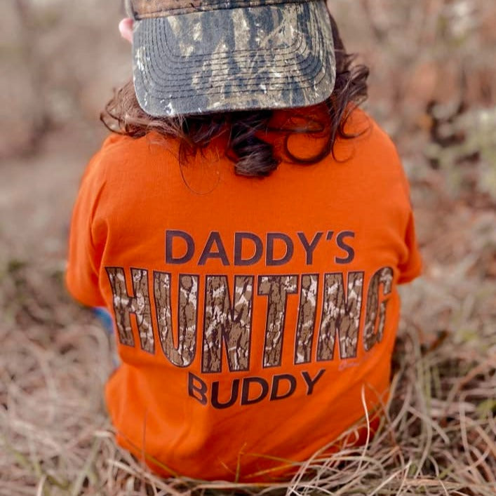 (BACK) Orange Camo Daddy's Hunting Buddy Kids Tee