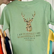 Load image into Gallery viewer, (Sage) Camo Deer I Am Fearfully &amp; Wonderfully Made Short Sleeve Kids Tee
