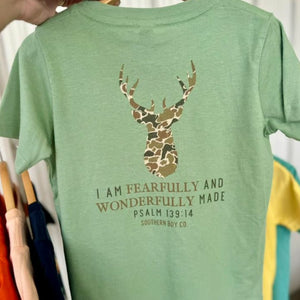 (Sage) Camo Deer I Am Fearfully & Wonderfully Made Short Sleeve Kids Tee