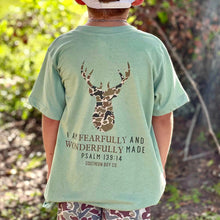 Load image into Gallery viewer, (Sage) Camo Deer I Am Fearfully &amp; Wonderfully Made Short Sleeve Kids Tee
