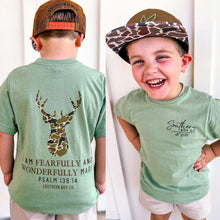 Load image into Gallery viewer, (Sage) Camo Deer I Am Fearfully &amp; Wonderfully Made Short Sleeve Kids Tee
