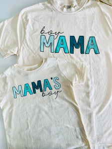 Mama’s Boy Short Sleeve Kids Tee (Natural/Blue Print)