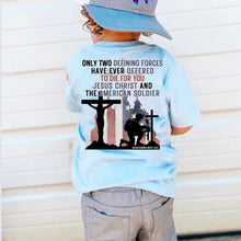 Load image into Gallery viewer, YOUTH Jesus Christ &amp; The American Soldier Short Sleeve Kids Tee
