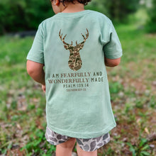 Load image into Gallery viewer, (Sage) Camo Deer I Am Fearfully &amp; Wonderfully Made Short Sleeve Kids Tee
