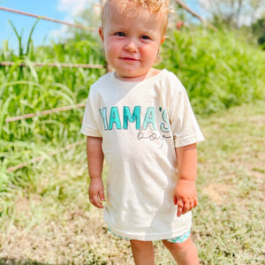 Mama’s Boy Short Sleeve Kids Tee (Natural/Blue Print)