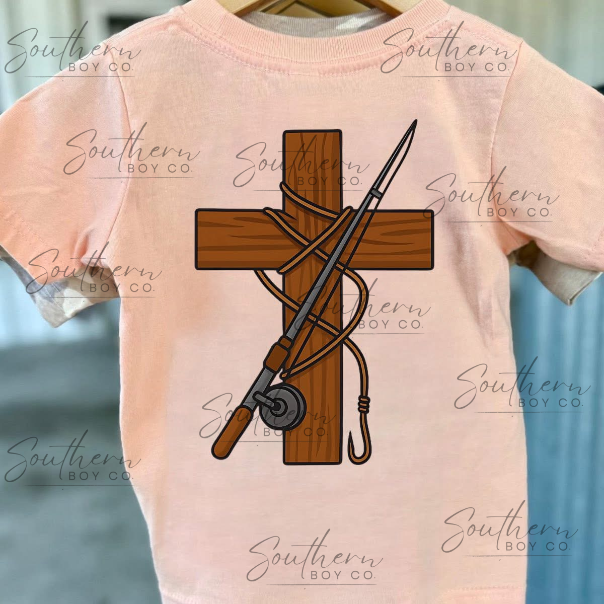 cross with fishing pole Fishing Pole Cross Boy's Short Sleeve Shirt – Southern Boy Co
