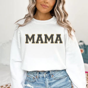 (WHITE SWEATSHIRT) Black/Gold Faux Patch Mama Adult Sweatshirt
