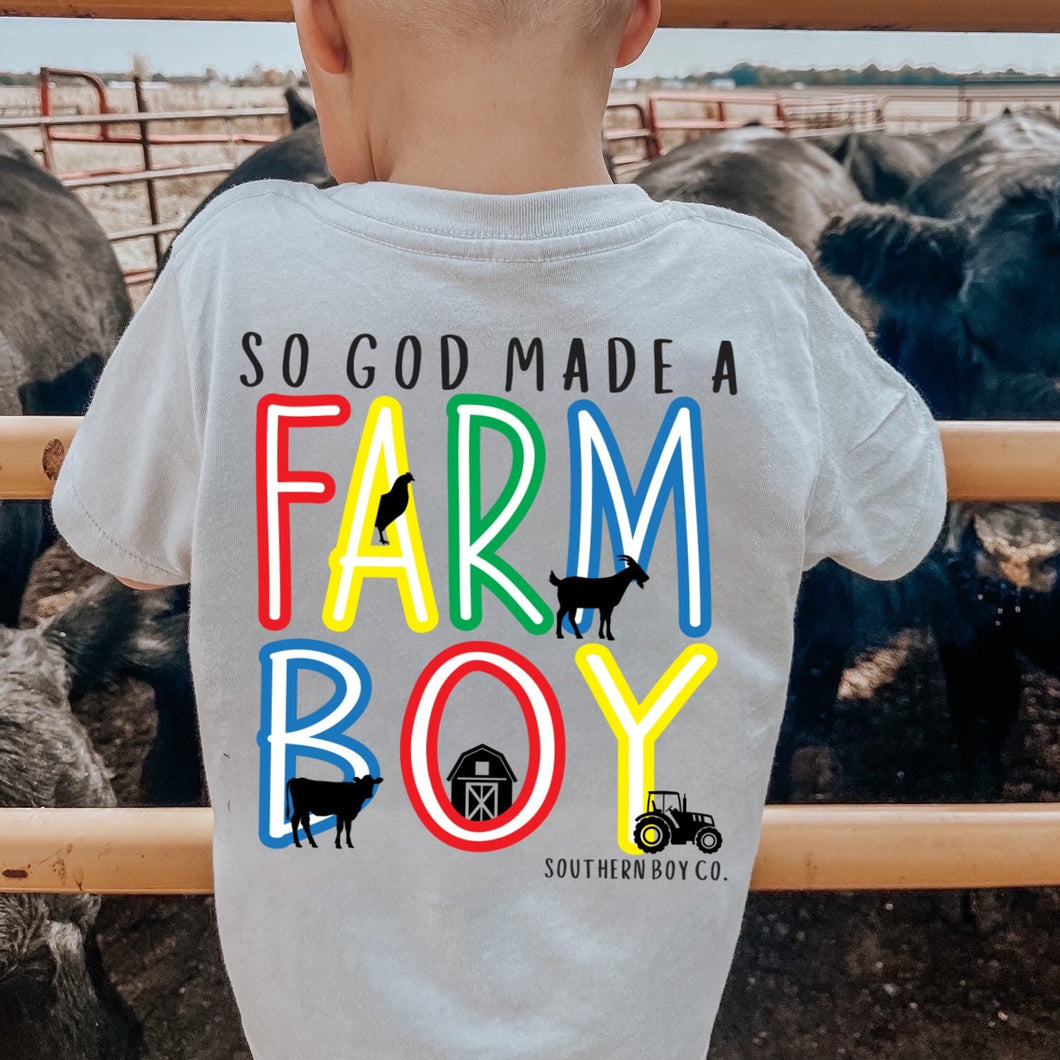 (Silver) So God Made A Farm Boy Short Sleeve Kids Tee