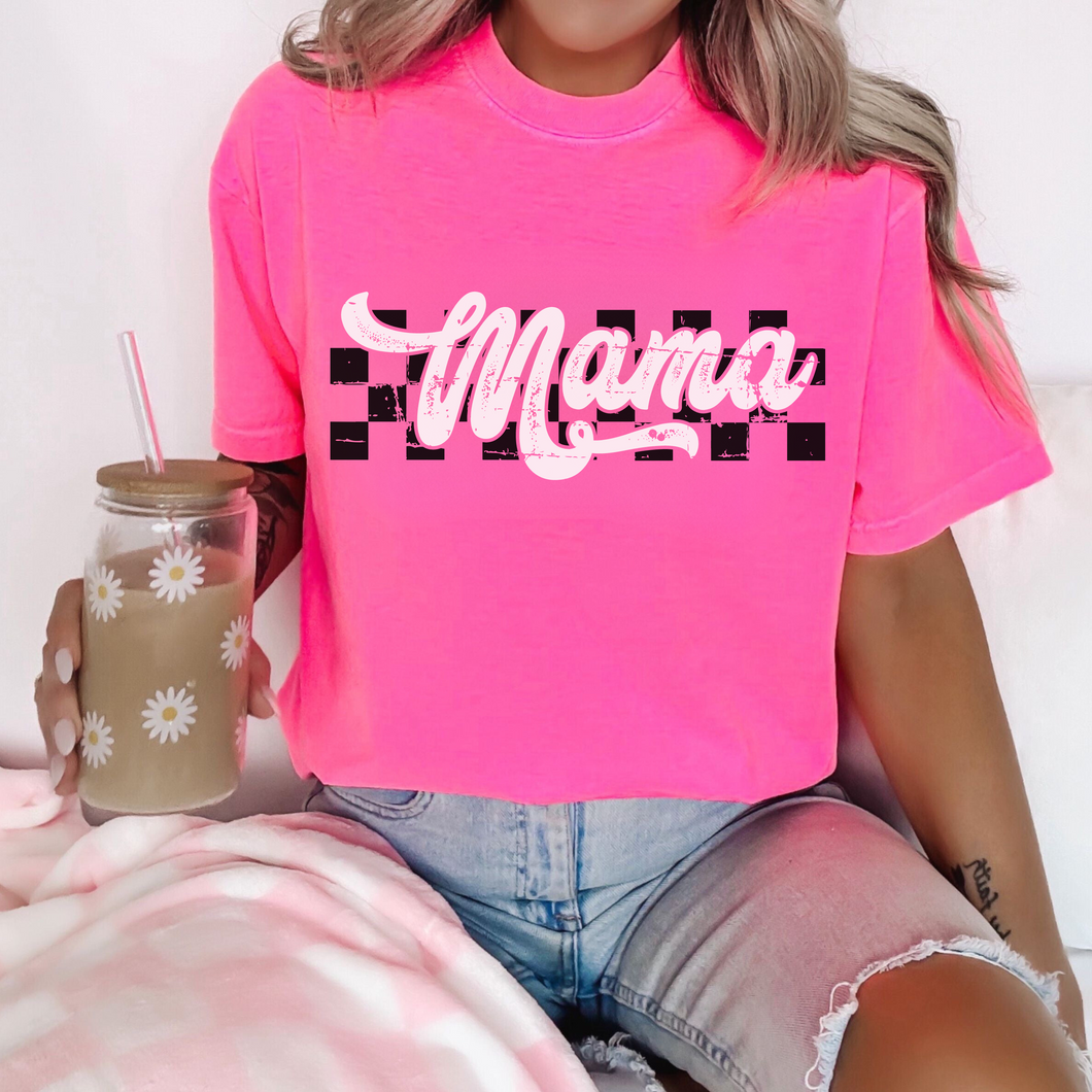 (Neon Pink) Retro Mama Short Sleeve Adult Tee