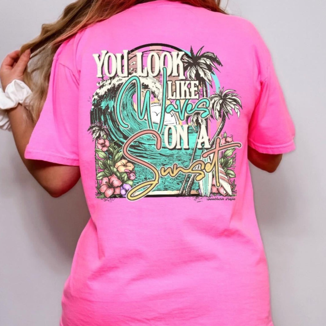 (Neon Pink) Waves On A Sunset Short Sleeve Adult Tee