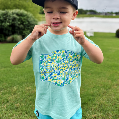 Summer SBC camo badge design detail - Southern Boy Co boys graphic shirt