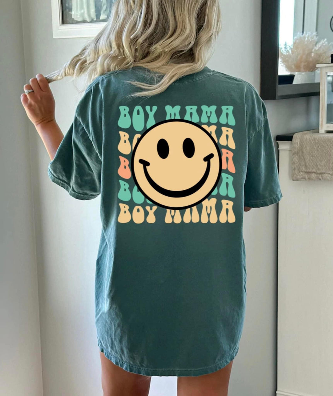 (GREEN) Boy Mama (Big Smiley Face) Short Sleeve Adult Tee