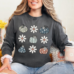 Retro Pumpkin Floral Long Sleeve Adult Tee