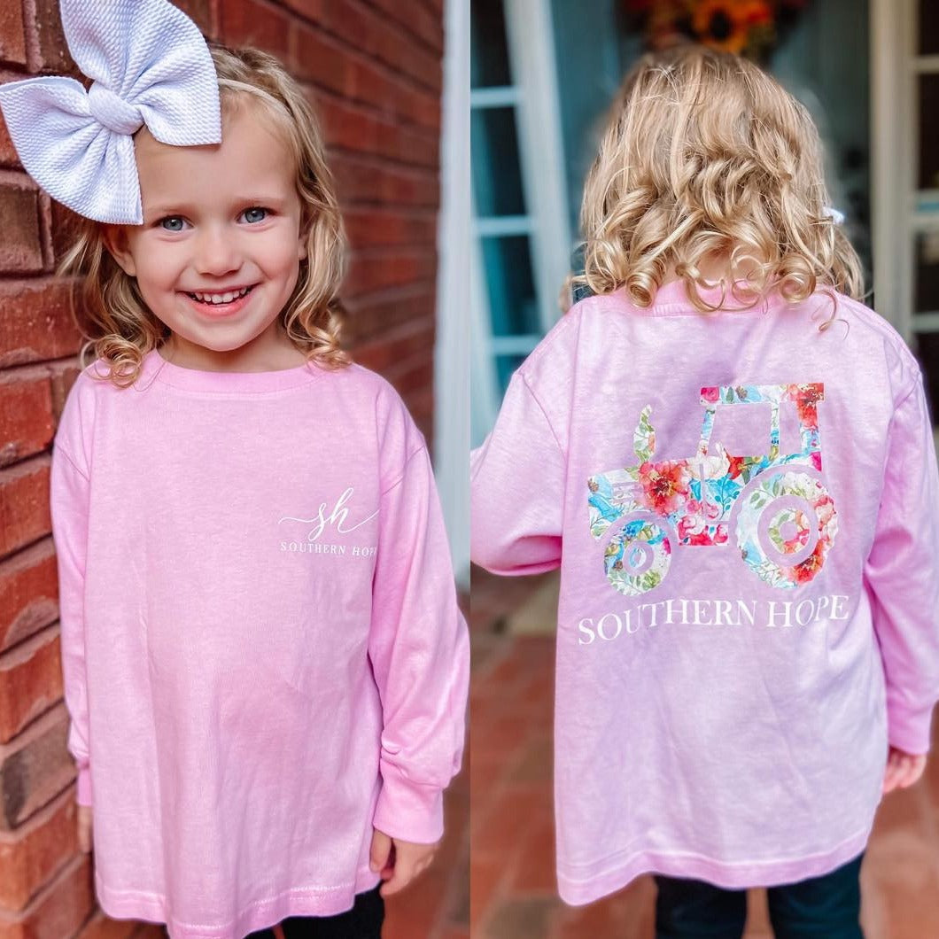 Floral Tractor (pink) Long Sleeve Girls Tee (D)