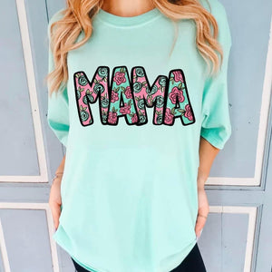 Mama (Pink/Green Flowers) Adult Short Sleeve Tee