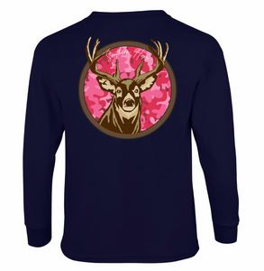 Pink Camo Deer Head Long Sleeve Girls Tee