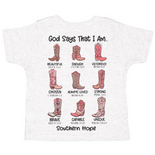 Load image into Gallery viewer, (GIRLS) God Says That I Am (Boots) Short Sleeve Kids Tee (D)
