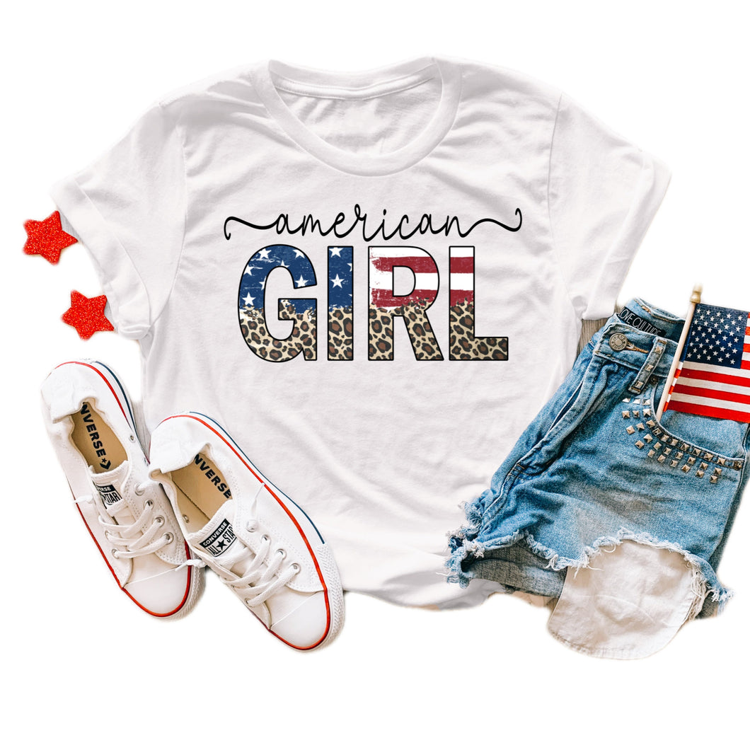 American Girl Front Design Short Sleeve Girls Tee (D)